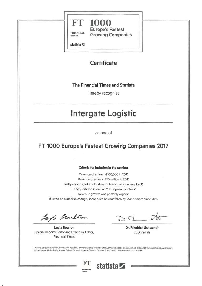  INTERGATE GROUP was nominated
            by
            Finance Time as one of the fastest growing
            company