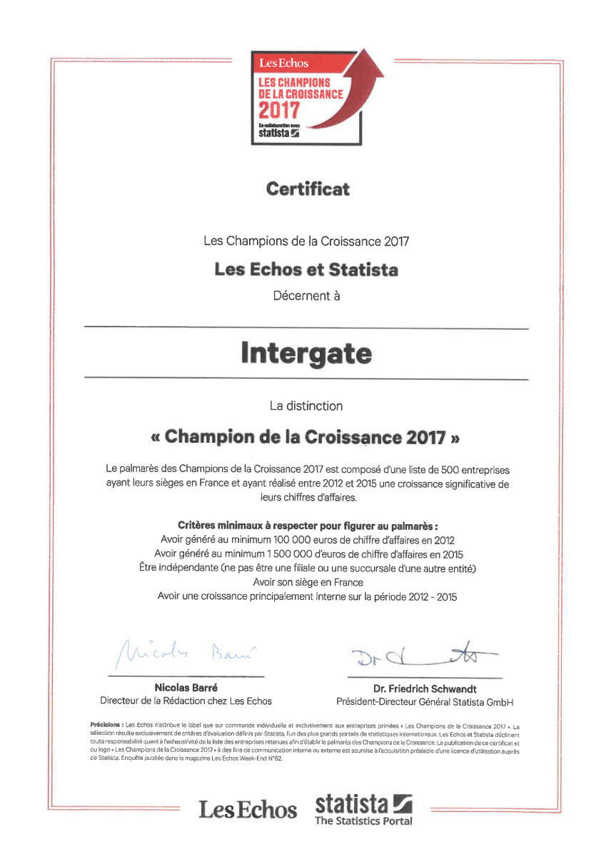 INTERGATE GROUP was nominated by les
            echos (economic french news paper) as
            one of the
            fastest growing company during 5 last year in france.